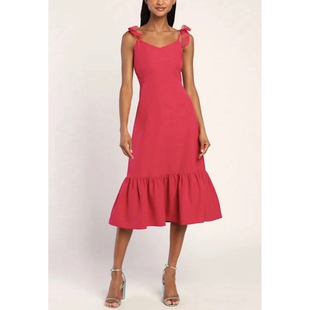Lulus What A Gift Hot Pink Bow Strap Midi Dress Women’s XL NWT